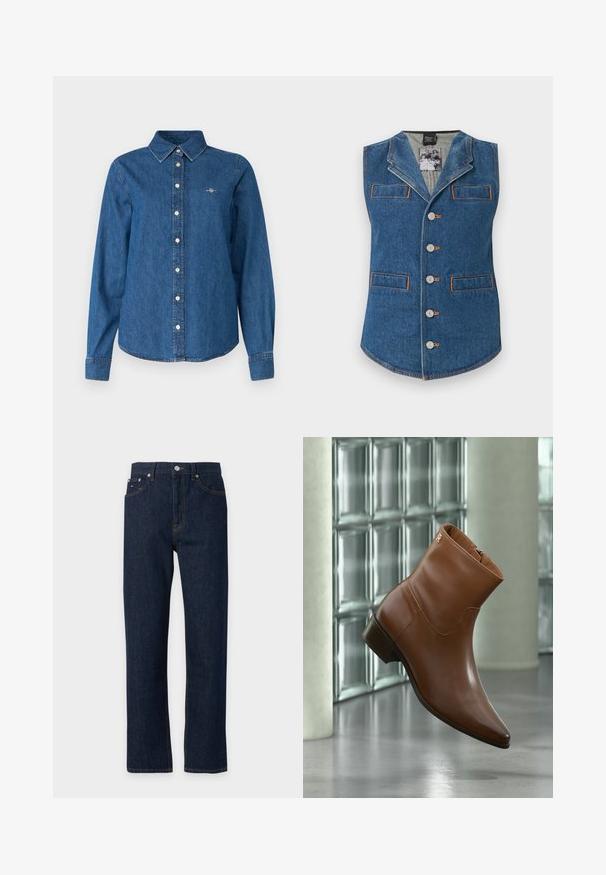 Denimvest met een kraag, vijf knoopsluitingen en twee voorzakken. Heeft contrasterende oranje stiksel op een blauwe stof.; GANT REG - Overhemdblouse - indigo; Donkerblauwe jeans met rechte pijpen, vijf zakken, metalen knoop en contrasterende stiksels, afgebeeld tegen een lichtgrijze achtergrond.; Bruine leren enkellaars met lage hak en zijrits, afgebeeld tegen een achtergrond van glasblokken en een gladde vloer.