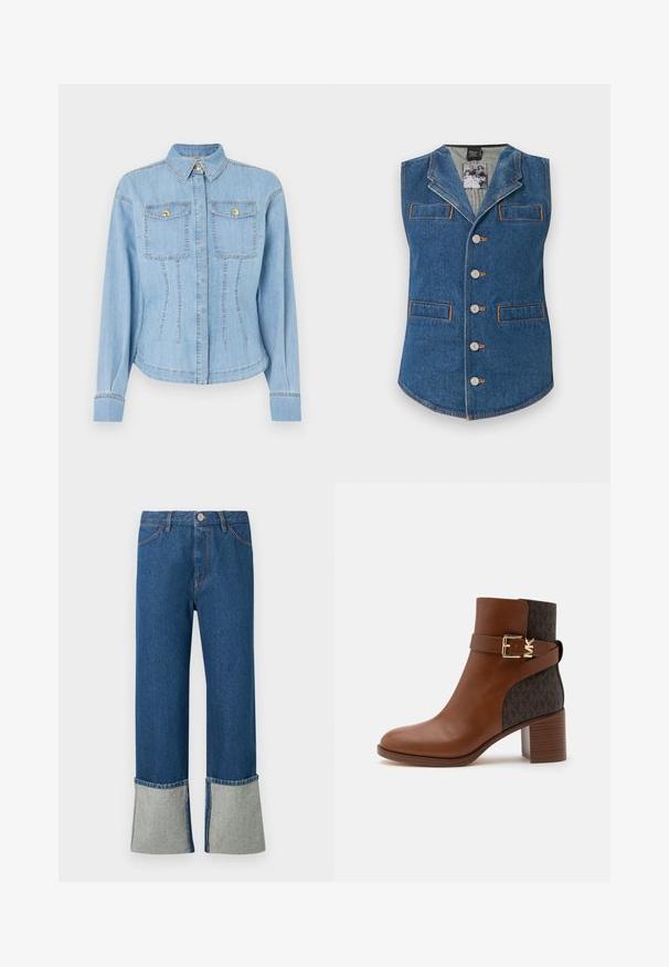 Denimvest med krave, fem knaplukninger og to forlommer. Har kontrastorange syninger på et blåt stof.; Lyseblå denimjakke med knaplukning foran, to brystlommer og guld detaljer. Har en struktureret pasform og standard krave.; Mørkeblå denim jeans med brede, lyseblå bukseben. Har frontknaplukning, syninger og fire lommer. Klassisk lige ben-design.; Mid-højde blokhæl brun læder ankelstøvle med mørkt mønstret stof bagpå, dekorativ rem og guldfarvet spænde.