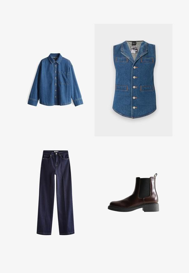 Denimvest met een kraag, vijf knoopsluitingen en twee voorzakken. Heeft contrasterende oranje stiksel op een blauwe stof.; Denim shirt, lichtblauw, lange mouwen, knopenlijst aan de voorkant, kraag, enkele borstzak, contrasterende stiksels en een ontspannen pasvorm.; Donkerblauwe wijde denim jeans met knoop en rits aan de voorkant, vijf zakken en contrasterende stiksels.; Bruine leren enkelboot met elastische zijpanelen, ronde neus en een gestructureerde zwarte rubberen zool. Heeft contrasterende stiksels en een lusje aan de achterkant.