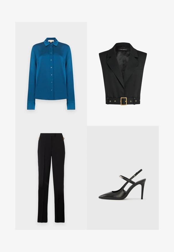 Blouse sans manches noire avec un col élégant et une ceinture, ornée d'une boucle carrée en or et de détails en œillets sur la ceinture. Texture de tissu lisse.; Blouse bleue en soie à manches longues avec col et boutons sur le devant, présentée sur un fond blanc uni.; Pantalon noir à coupe droite, avec poches latérales et accents de ferrures dorées sur les détails de la taille. Texture lisse.; Escarpins slingback en cuir noir avec bout pointu, design ajouré et bride ajustable ornée de ferrures métalliques.