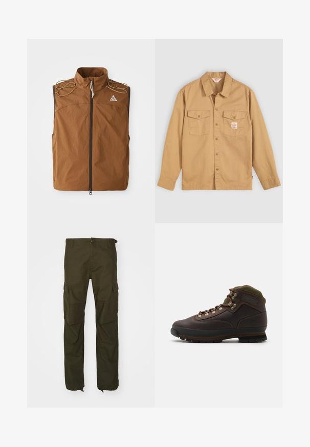 Brun vest med høj krave, frontlynlås og skulderbånd. Fremstillet af letvægtsstof, med et logo på den øverste venstre side.; Tan knapkrave skjorte med lange ærmer, to brystlommer og et lille mærke. Lavet af bomuld med en blød tekstur og klassisk kravedesign.; Olivenfarvede cargo bukser lavet af slidstærkt stof, med knaplukning, flere sidelommer og elastiske manchetter ved anklerne.; Brune læder vandrestøvle med grøn stofkrave. Har metal snørehuller, gummisål og struktureret sål til greb.
