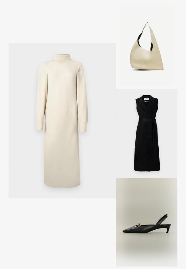 Robe noire sans manches en tissu lisse, dotée d'une taille ceinturée, de larges revers et de deux poches latérales. Design simple et élégant.; Robe en tricot crème avec un col montant, de longues manches bouffantes et une longueur midi. Présente une texture avec un léger motif en relief.; Escarpin slingback en cuir noir avec talon kitten, bout pointu et petite boucle dorée sur un fond uni.; Sac à bandoulière en cuir lisse couleur crème, de forme triangulaire arrondie, avec une sangle réglable et une boucle en argent.
