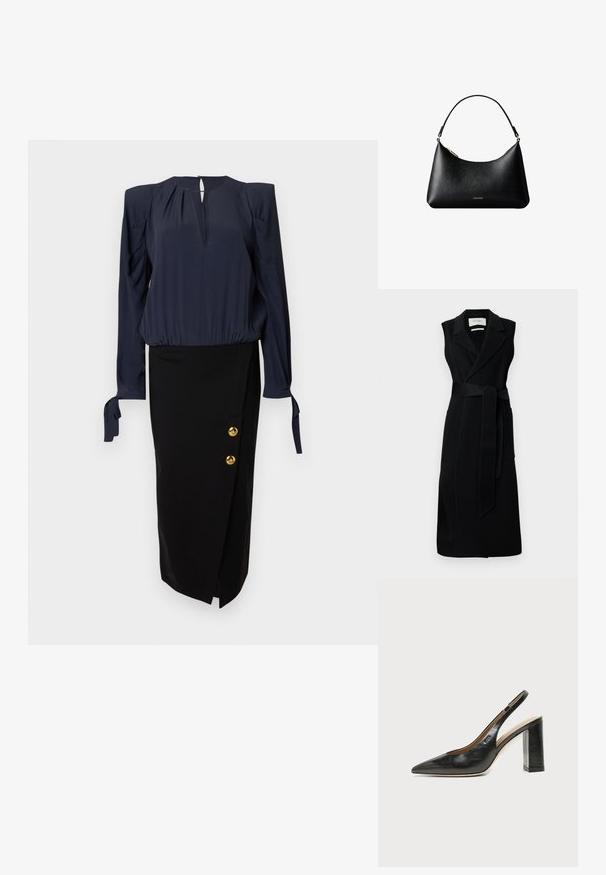 Must mustringu särk, mis on valmistatud siledast kangast, rihmaga talje, laiad kraed ja kaks küljetaskut. Lihtne, elegantne disain.; Tumesinine pluus patsikleitud varrukatega ja avaga kaelusel, kombineeritud musta pliiatsseelikuga, millel on kuldsete nuppude detailid küljel.; Mustast nahast terava varbaga slingback-kinga kõrge plokk-kontsaga ja beežsisemise voodriga tavalise heledal taustal.; Mustast nahast Calvin Kleini käekott lühikese sangaga ja kuldse tõmblukuga, esitatud valgel taustal.