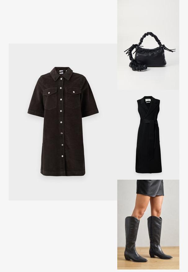 Zwarte mouwloze wikkeljurk van soepel stof, met een ceintuur in de taille, brede revers en twee zijzakken. Eenvoudig, elegant ontwerp.; Zwart corduroy jurk met kraag, korte mouwen en twee borstzakken. Voorzien van zilveren drukknoopjes over de voorkant en een rechte snit.; Zwarte kniehoge laarzen van glad leer, met een puntige neus, lage blokhak en een ritssluiting aan de zijkant voor gemakkelijke aan- en uittrekking.; Zwarte nepleer handtas met een krokodillenstructuur, opgedroogde bovenkant en een gekreukte hengsel. Het lijkt zacht en compact van ontwerp.