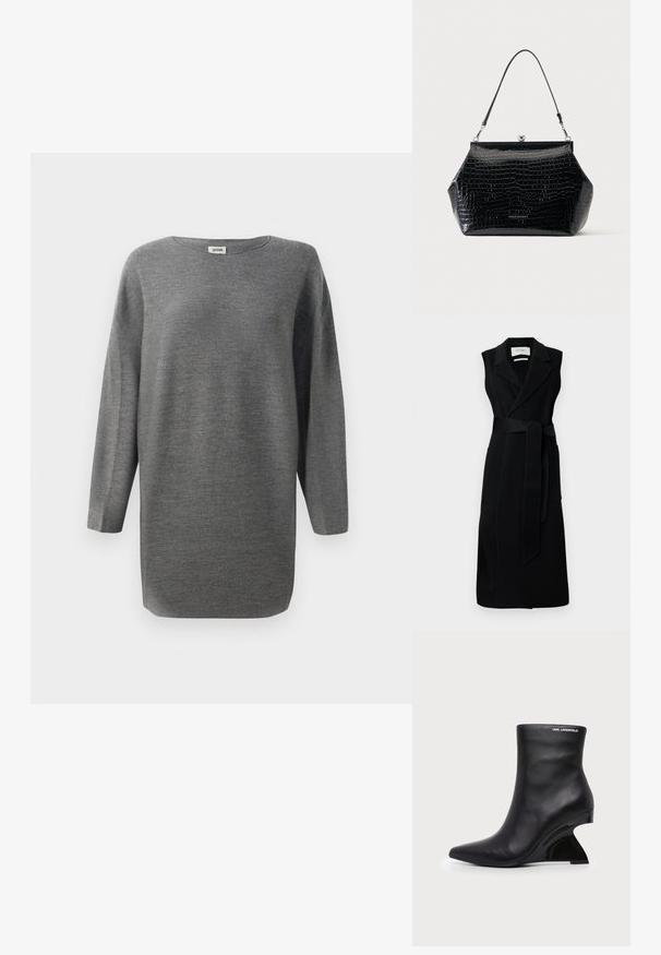 Robe noire sans manches en tissu lisse, dotée d'une taille ceinturée, de larges revers et de deux poches latérales. Design simple et élégant.; Pull en tricot gris à manches longues à coupe loose avec un col rond et un ourlet droit, présenté sur fond blanc.; Bottine en cuir noir avec talon sculpté incurvé et logo Karl Lagerfeld près du bord supérieur sur fond blanc.; Sac à main en cuir verni noir à texture crocodile, fermeture à clip argentée et bride d’épaule fine unique sur fond uni.