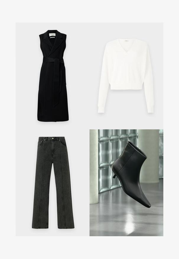 Sort ærmeløs indpakningskjole lavet af glat stof, med bælte i taljen, brede revers og to sidelommer. Enkel, elegant design.; Hvid cropped sweater med v-hals, lavet af struktureret mesh stof, med lange ærmer og ribbede manchetter.; Højtaljede jeans med vide ben i mørkegråt denim. Har et klassisk fem-lomme-design og synlige syninger langs forreste sømme.; Sort læderankelstøvle med spids tå og lav kitten-hæ, vist vinklet mod en poleret gulv- og glasblokvæg.