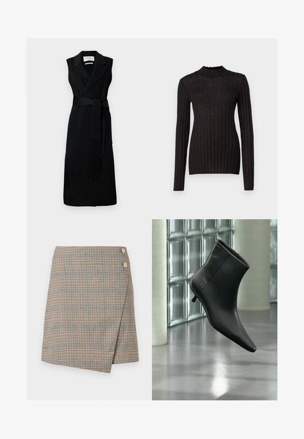 Robe noire sans manches en tissu lisse, dotée d'une taille ceinturée, de larges revers et de deux poches latérales. Design simple et élégant.; Pull noir à manches longues côtelé avec un col haut et volanté. Le tissu est lisse avec une silhouette ajustée et présente des rayures verticales.; Jupe enveloppante à carreaux gris avec des lignes orange, marron et crème. Présente deux grands boutons décoratifs à la taille et une finition soignée.; Bottine en cuir noir à bout pointu et petit talon kitten, présentée en angle devant un sol poli et un mur en blocs de verre.