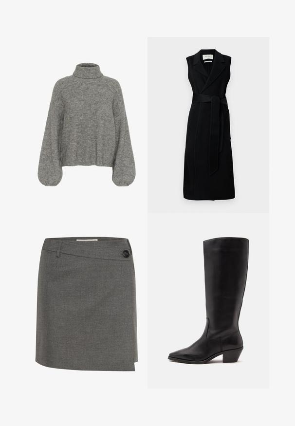 Vestido negro sin mangas con estilo envolvente, hecho de tela suave, que presenta una cintura ceñida con cinturón, amplios solapas y dos bolsillos laterales. Diseño simple y elegante.; Suéter gris de punto acanalado con cuello alto, hombros caídos y mangas voluminosas. Textura suave y longitud corta.; Falda gris hecha de una tela texturizada, con un botón lateral y una silueta recta con un ligero diseño envolvente.; Bota de cuero negra hasta la mitad de la pantorrilla con puntera puntiaguda y tacón bajo inclinado sobre un fondo claro y liso.