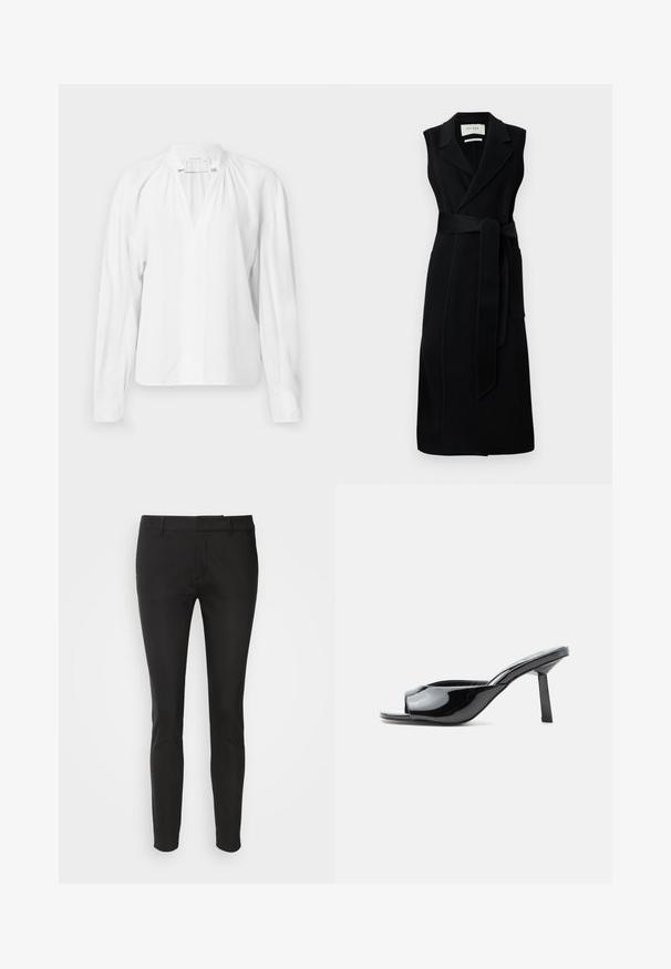 Vestido negro sin mangas con estilo envolvente, hecho de tela suave, que presenta una cintura ceñida con cinturón, amplios solapas y dos bolsillos laterales. Diseño simple y elegante.; Blusa blanca de manga larga con escote en V, detalles fruncidos en el cuello y una tela suave y ligera. Diseño simple y minimalista.; Pantalones negros ajustados con una textura de tela suave, presentan bolsillos laterales y un diseño de frente plano, ofreciendo una silueta elegante y entallada.; Zueco abierto de charol negro con tacón cuadrado de altura media y una correa curva en la parte delantera sobre fondo blanco.