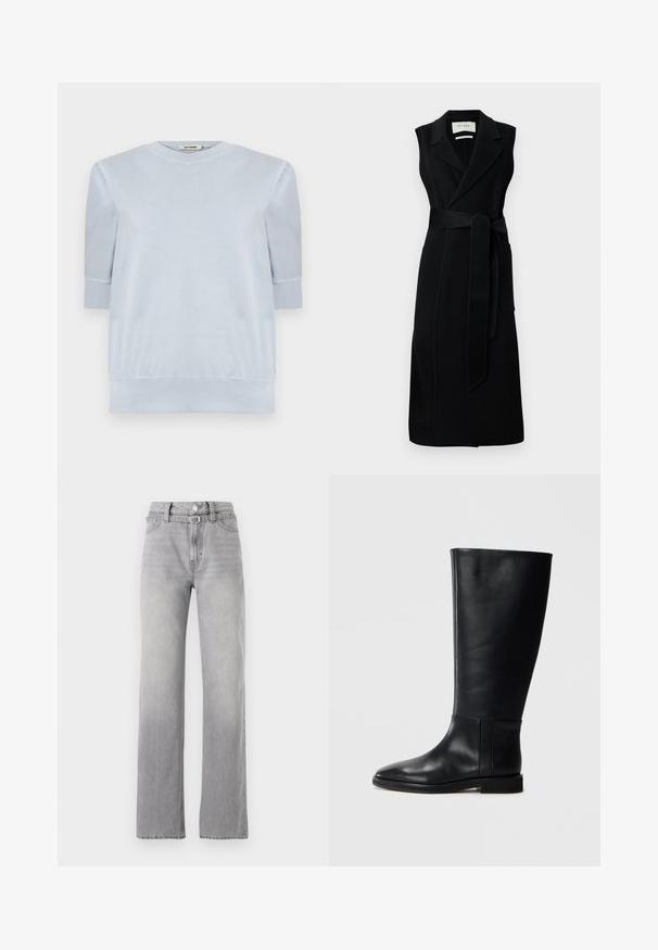Sort ærmeløs indpakningskjole lavet af glat stof, med bælte i taljen, brede revers og to sidelommer. Enkel, elegant design.; Lys blå pullover-skjorte lavet af blødt stof, med korte ærmer, en rund halsudskæring og ribbedemanchetter og kant. Glat tekstur generelt.; Lys grå denim jeans med høj talje, lige ben-design, subtil falming og klassisk fem-lommer stil. Metal knap og lynlås lukning.; Sorte læderknæhigh støvler med rund tå, glat tekstur, minimalistisk design og flad sål. Enkle sømdetaljer på skaftet.