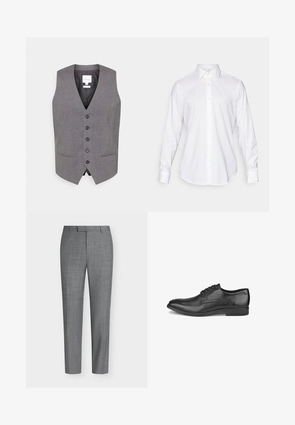 Gilet gris avec décolleté en V, devant à six boutons, deux poches latérales et une texture lisse. Intérieur doublé avec une étiquette affichant le nom de la marque.; Chemise blanche à manches longues et à col classique, en tissu lisse, avec une patte de boutonnage à l'avant comportant de légers boutons arrondis.; Pantalon habillé gris slim fit avec un motif à carreaux subtil, passants de ceinture et une coupe plate à l'avant sur fond blanc uni.; Chaussure habillée pour homme en cuir noir avec lacets, talon bas et finition lisse et brillante, vue du côté extérieur.