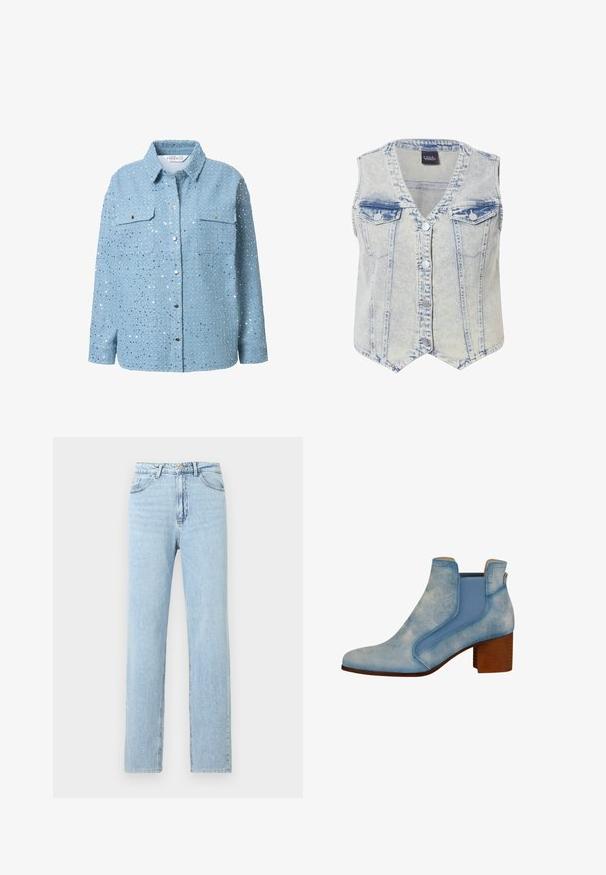 Denimvest i lys blå med en falmet vask. Har en V-halsudskæring, ærmeløs design, to brystlommer og knaplukning foran.; Lysblå denimskjorte med sølvfarvede pailletter, lange ærmer, krave, to brystlommer og trykknaplukning. Glat tekstur og detaljeret udsmykning.; Lyseblå denimjeans med lige ben, forlommer, bæltestropper samt knap- og lynlåslukning.; Lysblå ankelstøvler med en glat læderfinish, elastiske sidepaneler og en stablet træhæl. Har et spidst tådesign.