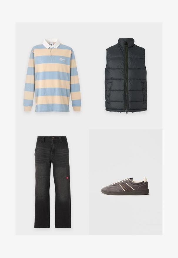 Veste matelassée gris foncé avec col montant, fermeture éclair complète à l'avant et poches à boutons-pression. Texture douce et finitions cousues sur toute la surface.; Maillot de rugby à manches longues avec larges rayures horizontales beige et bleu clair, col blanc et texte "Element Co. 1992" sur la poitrine.; Pantalon de travail en denim noir avec panneaux doubles aux genoux et petit patch logo rouge sur la jambe droite, coupe droite et taille avec fermeture à boutons.; Baskets gris foncé avec des accents crème, semelle en caoutchouc, design à lacets et rayures latérales. Dotées de détails cousus et de marquage de logo.