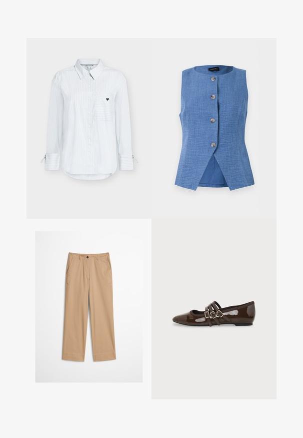 Gilet bleu sans manches avec encolure ronde, quatre boutons devant et une légère fente à l'avant de l'ourlet, réalisé en tissu texturé.; Chemise blanche à rayures avec boutons, manches longues, une poche poitrine ornée d'un petit motif en forme de cœur, et des poignets de manches ajustables.; Pantalon beige en coton avec jambes droites, fermeture à bouton sur le devant et texture lisse. Comprend des passants de ceinture standard et un design à l'avant plat.; Chaussure plate en cuir verni marron avec bout pointu et trois brides ajustables à boucle sur le côté, vue du profil extérieur.