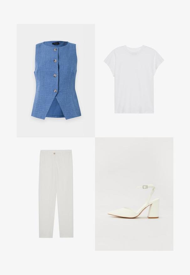 Gilet bleu sans manches avec encolure ronde, quatre boutons devant et une légère fente à l'avant de l'ourlet, réalisé en tissu texturé.; T-shirt blanc à manches courtes, col rond, coupe décontractée, en tissu de coton doux. Texture lisse, sans motifs ni logos.; Pantalon blanc sur mesure avec une coupe droite, doté d'une fermeture à bouton, de passants de ceinture et de poches latérales ; texture de tissu lisse.; Sandale blanche à talon avec un bout pointu, sangle de cheville réglable et un talon carré épais. Texture lisse avec des détails de couture minimaux.