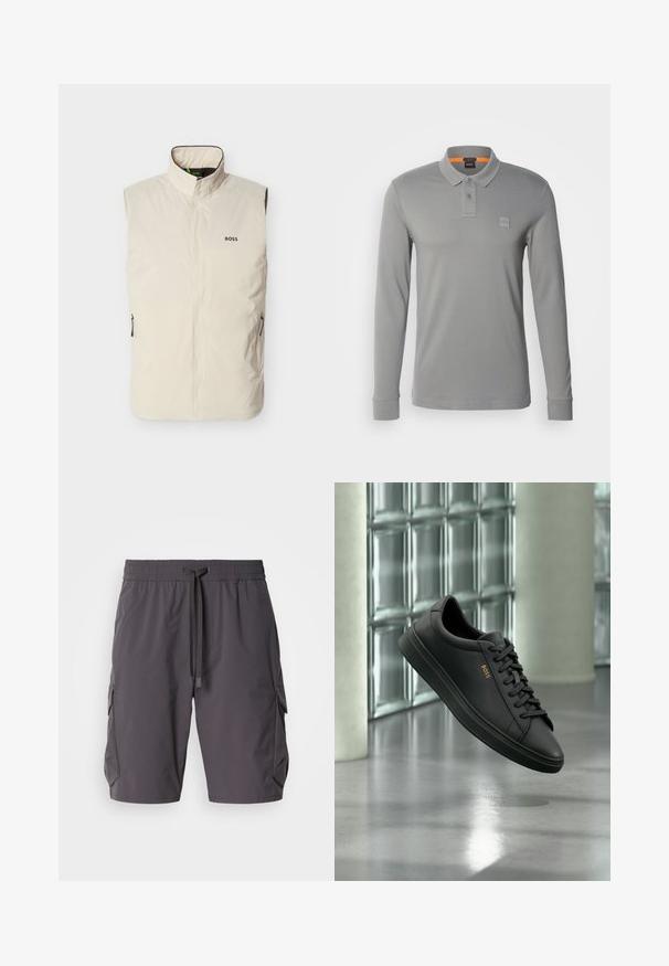 Chaleco sin mangas de color crema con cuello alto, cremallera frontal, bolsillos laterales con cremallera y logo negro "BOSS" en el pecho izquierdo.; Polo de manga larga en algodón gris claro con cuello abotonado, que presenta un sutil logo de la marca en el pecho y un acento naranja.; Pantalones cortos cargo grises hechos de un tejido ligero, con cintura elástica y cordón, bolsillos laterales y un ajuste ligeramente holgado.; Zapatilla baja de piel negra con cordones negros y logo dorado BOSS en el lateral, flotando sobre un suelo gris brillante en un espacio interior moderno.