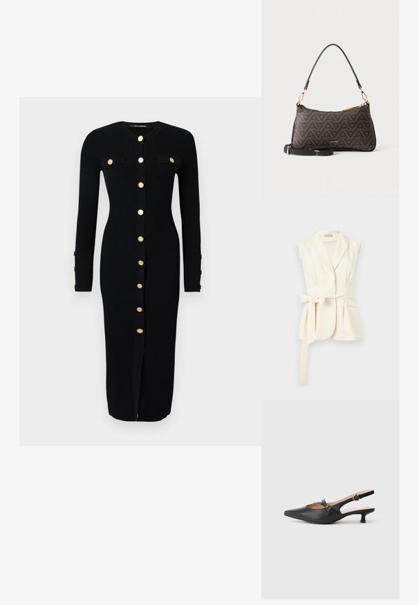 Mouwloze crème blazer-vest met sjaalkraag en zijstrikceintuur, met een getailleerde pasvorm en voorzakdetails.; Zwart ribgebreid jurkje met lange mouwen, goudkleurige knoopsluiting, twee borstzakken en een split aan de voorkant. Zachte textuur, getailleerde vorm.; Zwarte leren slingback pump met puntige neus, kleine hak, open ontwerp en goudkleurige gespdetail op het bandje.; Bruine en zwarte Aldo-handtas met patroon, met bovengreep en afneembare schouderriem, gouden ritssluiting en metalen accenten.