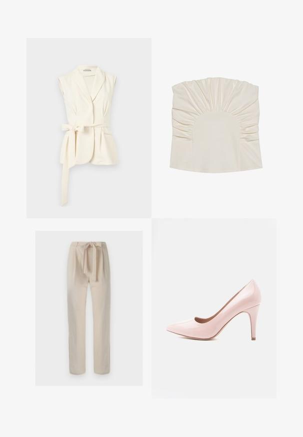 Veste sans manches crème avec col châle et ceinture à nouer sur le côté, présentant une coupe ajustée et des détails de poche avant.; Haut couleur crème avec tissu froncé, présentant un décolleté arrondi et une texture lisse. Le design comprend des plis le long des bords.; Pantalon beige taille haute avec une ceinture en tissu nouée en nœud, coupe droite et détails minimalistes sur un fond uni.; Chaussure à talon haut en cuir verni rose, à bout pointu et talon fin. Texture lisse avec une finition brillante. Aucun accent ou motif visible.