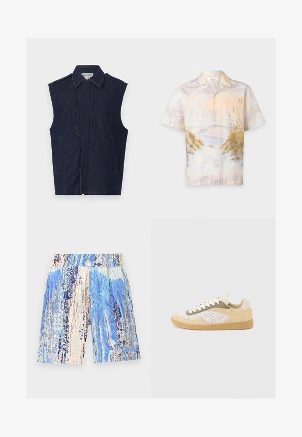 Gilet en denim, bleu foncé, design sans manches, col pointu, couture frontale verticale, deux poches avant, souligné par des coutures jaunes contrastées.; Chemise à manches courtes boutonnée avec un motif doux de paysage aquarelle comprenant de l’eau, des roseaux et un petit bateau dans des tons beige et bleu atténués.; Shorts bleus et beiges à motifs, avec une ceinture élastique, présentant des dessins abstraits semblables à de la peinture et un tissu légèrement texturé.; Baskets basses en daim beige, panneaux en maille blanche, accents olive, lacets blancs et semelle en caoutchouc naturel sur fond gris clair.