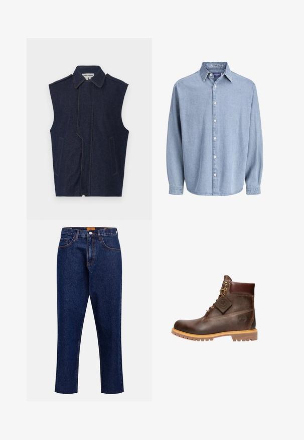 Denimvest, mørkeblå, ærmeløs design, spidse krave, lodret front søm, to frontlommer, fremhævet med kontrastfarvet gul søm.; Lysblå denim skjorte med lange ærmer og knapper, med krave og hvide knapper, præsenteret mod en helt hvid baggrund.; Mørkeblå denimjeans med lige snit, høj talje, fem lommer og frynset kant. Kontrastsyning og detalje med knaplukning.; Brun læder ankelstøvle med rund tå, solid sål, hardware i guldtone og en tekstureret overdel. Inkluderer et logo-tagfæstet.