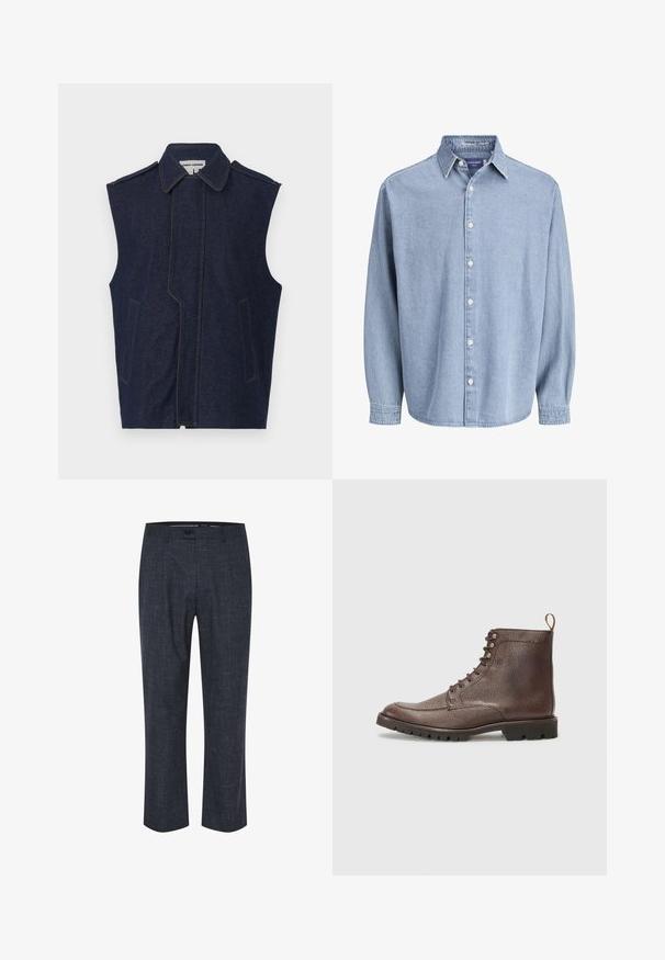 Denim vest, tume sinine, ilma varrukateta disain, terav krae, vertikaalne esiseam, kaks esikot, rõhutatud kontrastse kollase õmblusega.; Helehelesinine denimist pikkade varrukatega nööbiga särk krae ja valgete nuppudega, esitatud ühtlase valge tausta ees.; Tumedates püksid tekstureeritud kangast, millel on lamedad esiosad, nööpkinnitus ja sirged sääred, millel on peened, heledate toonidega mustrid.; Hackett London SLOANE APRON - Nööritavad poolsaapad - dark mocca brown