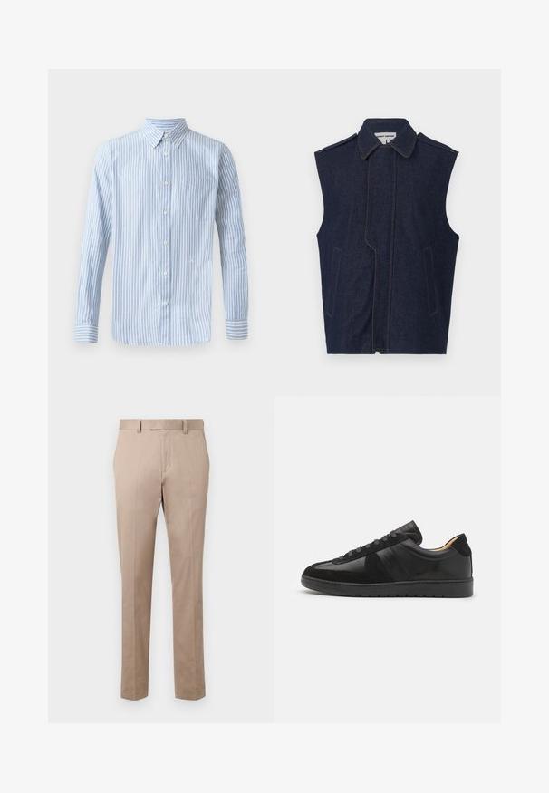 Denimweste, dunkelblau, ärmelloses Design, spitzer Kragen, vertikale Vordernaht, zwei Fronttaschen, betont mit kontrastierendem gelbem Stich.; Hellblaues Button-up Hemd mit vertikalen weißen Streifen, langen Ärmeln und einer Brusttasche. Es hat ein kleines Logo im unteren Bereich.; Beige maßgeschneiderte Hose mit geradem Bein, flachem Vorderteil und Gürtelschlaufen, gefertigt aus glattem Stoff. Keine sichtbaren Muster oder Akzente.; Tiger of Sweden BELLICU - Sneaker low - black
