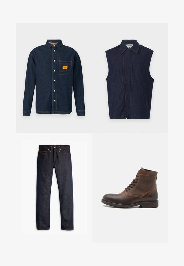Chaleco de mezclilla, azul oscuro, diseño sin mangas, cuello puntiagudo, costura frontal vertical, dos bolsillos frontales, acentuado con costuras amarillas contrastantes.; Camisa de mezclilla azul oscuro con cuello abotonado, etiqueta naranja en el bolsillo del pecho y botones blancos. Textura suave con detalles de costura en contraste.; Vaqueros de denim azul oscuro con corte recto, diseño de cinco bolsillos, remaches de cobre, costuras amarillas y una tela texturizada distintiva.; Jack & Jones JFWDELANEY BOOT - Botines con cordones - cognac