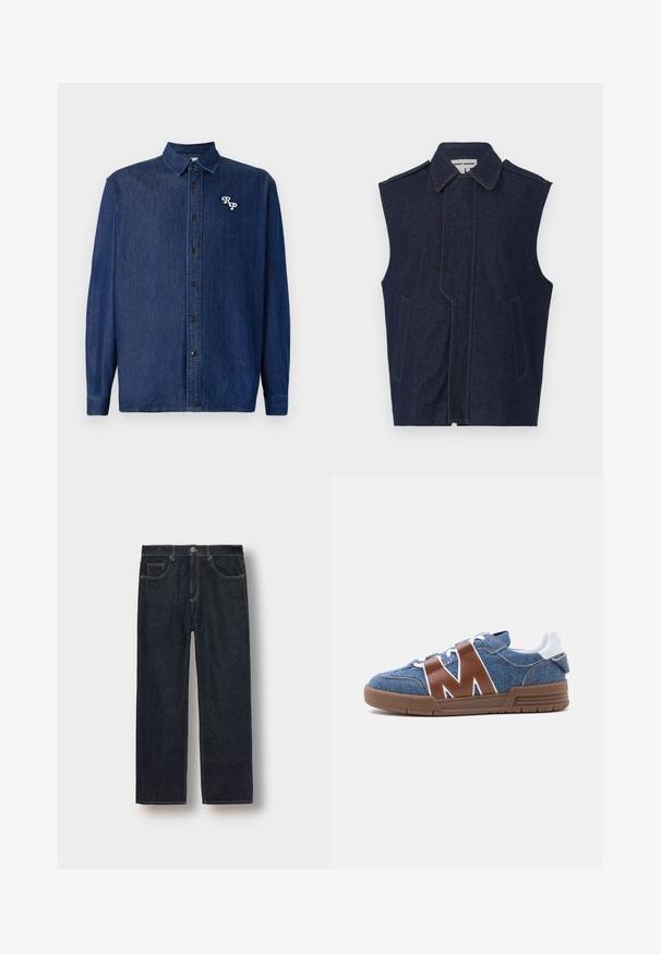 Chaleco de mezclilla, azul oscuro, diseño sin mangas, cuello puntiagudo, costura frontal vertical, dos bolsillos frontales, acentuado con costuras amarillas contrastantes.; Camisa de denim azul oscuro con cierre de botones en la parte delantera, mangas largas y cuello puntiagudo. Presenta un logo "RP" bordado en blanco.; Jean recto azul oscuro en tejido de mezclilla, con pasadores para cinturón, bolsillos frontales y costuras en contraste. Diseño minimalista sin adornos.; Zapatilla deportiva de mezclilla azul con correas de cuero marrón en forma de M, cordones blancos, lengüeta blanca en el talón y suela de goma marrón vista de lado.