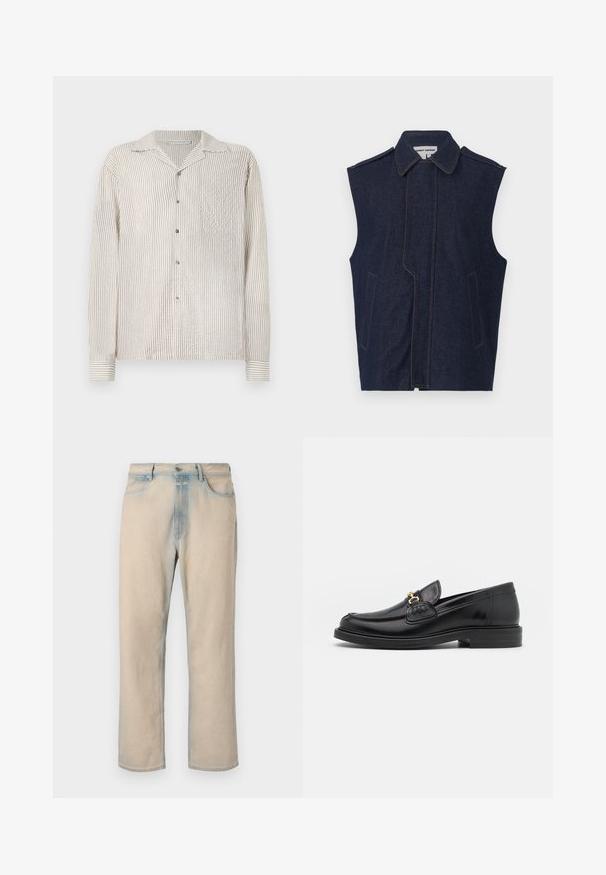 Denim vest, tume sinine, ilma varrukateta disain, terav krae, vertikaalne esiseam, kaks esikot, rõhutatud kontrastse kollase õmblusega.; Pika-särklä, millel on pikad varrukad ja nööpidega kinnitamine, kerge kreemika ja beeži vertikaalse triibumustriga. Valmistatud tekstuurilisest kangast, klassikalise krae ja rinnataskuga.; Heledadbeegid teksad sirge säärekujundusega, bleidunud siniste aktsentidega, viie taskuga ja nööbiga kinnitamisega vöö kohal.; Mustad nahast loafers ümarate varvastega, millel on kuldne riistvaraline aksessuaar ja tikandite detail, paigutatud madalale, tekstureeritud kummist tallale.