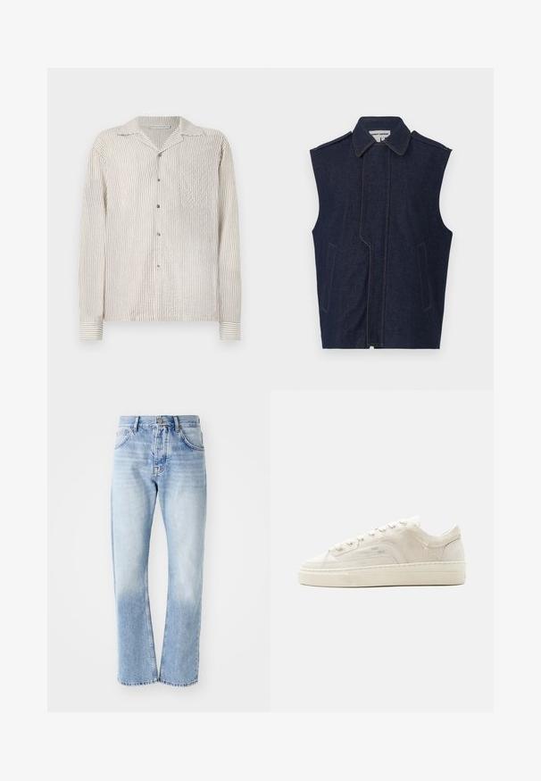 Denimvest, mørkeblå, ærmeløs design, spidse krave, lodret front søm, to frontlommer, fremhævet med kontrastfarvet gul søm.; Langærmet skjorte med knaplukning i et let creme- og tan-farvet vertikalt stribemønster. Lavet af tekstureret stof, med en klassisk krave og brystlomme.; Lyseblå denim jeans med lige ben. Har en fem-lomme design, knaplukning og en falmet tekstur mod bunden.; Hvid lavtop sneaker med snørelukning, tekstureret stofoverdel og tyk gummisål vist fra ydersiden på en ensfarvet baggrund.