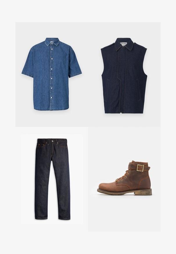 Denim vest, donkerblauw, mouwloos ontwerp, puntige kraag, verticale voornaad, twee voorzakken, geaccentueerd met contrasterend gele stiksel.; Donkerblauwe spijkerbloes met korte mouwen. Beschikt over een knoopsluiting aan de voorkant, een klassieke kraag en gestikte details langs de randen.; Donkerblauwe spijkerbroek met een rechte pasvorm, vijf zakken, koperen klinknagels, gele stiksels en een duidelijke textuur in de stof.; Harley Davidson VNTGMOTO SHORT RIDING APPROVED - Cowboy-/Bikerlaarsjes - brown