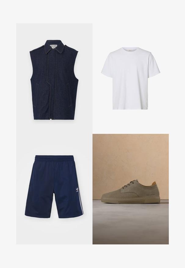 Denimvest, mørkeblå, ærmeløs design, spidse krave, lodret front søm, to frontlommer, fremhævet med kontrastfarvet gul søm.; Enkelt hvid kortærmet T-shirt med rund hals, almindelig pasform og glat stofstruktur, vist på en hvid baggrund.; Marineblå atletikshorts lavet af et let materiale, med en elastisk talje og tre hvide striber på siderne. Adidas-logoet er vist.; Beige ruskinds-snørestøvle med gummisål, mærket "Marc O'Polo," svæver over tekstureret beige tæppe i et rum med neutrale toner.