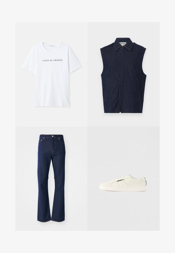 Chaleco de mezclilla, azul oscuro, diseño sin mangas, cuello puntiagudo, costura frontal vertical, dos bolsillos frontales, acentuado con costuras amarillas contrastantes.; Camiseta blanca con cuello redondo y mangas cortas. Texto negro que dice "TIGER OF SWEDEN" centrado en la parte delantera. Textura de tela suave.; Jeans acampanados de color azul oscuro fabricados en denim. Presentan cinco bolsillos, un cierre frontal con cremallera y un botón metálico. Acentos de costura clásica.; Zapatillas de deporte de color beige claro con una textura suave, diseño con cordones y un detalle de rayas coloridas en el lateral. Suela de goma blanca. Parte trasera lisa.