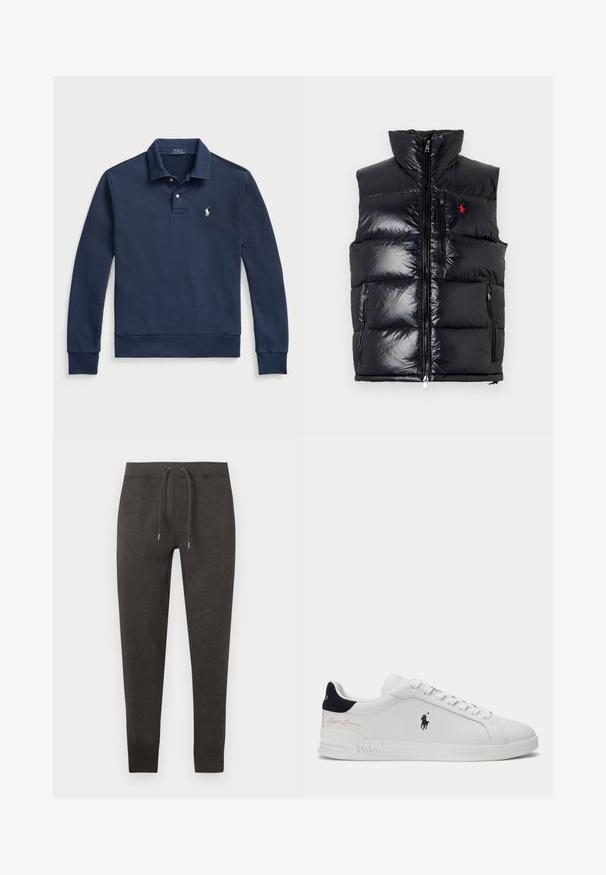 Noor mees, kellel on seljas tume täispuhutav vest musta kampsuni peal, kamo püksid, roheline kootud müts ja käekell rohelise numbrilauaga.; Polo Ralph Lauren LOOPBACK COLLARED SWEATSHIRT - Pusa - cruise navy; Tumedat hallid spordipüksid pehmest materjalist, millel on elastne vöökoht nööriga, kitsenevad sääred ja pahkluudes mansetid.; Valge madala säärega toss, millel on must polo-mängija logo küljel, tumesinine kannatempliga, valged paelad ja "Ralph Lauren" kuldne allkiri kanna lähedal