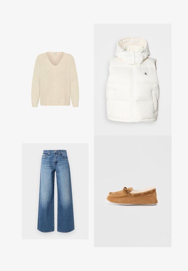 Veste en duvet blanche avec un col montant et une fermeture éclair. Comprend deux poches latérales et un petit logo sur la poitrine gauche. Texture douce et rembourrée.; Pull crème avec un col en V, texture côtelée et manches longues. Design simple, sans embellissements ni motifs visibles.; Jean en denim bleu à jambes larges avec bouton et fermeture éclair sur le devant, style cinq poches et détails légèrement délavés sur les cuisses et les genoux.; Mocassin en daim marron avec doublure en fausse fourrure, bout rond et détail de nœud décoratif. Présente une semelle en caoutchouc et un contour contrastant.