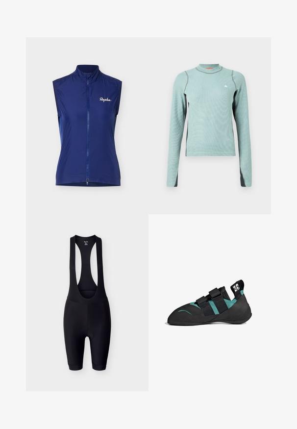 Veste de cyclisme sans manches bleu marine avec fermeture éclair intégrale à l'avant et logo blanc "Rapha" sur le côté gauche de la poitrine, sur un fond uni.; Chemise à manches longues vert clair avec un col haut, présentant des accents gris et un tissu texturé. Petit logo sur la poitrine.; Cuissard de cyclisme noir avec siège rembourré et larges bretelles, taille petite, présenté sur un fond gris clair.; Chaussure d'escalade noire avec un bout pointu, deux sangles Velcro, des accents vert émeraude et une semelle en caoutchouc texturée pour une meilleure adhérence.