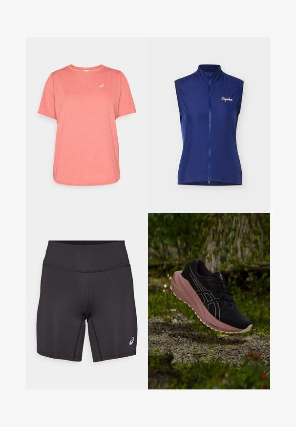 Ärmellose, marineblaue Radweste mit durchgehendem Frontreißverschluss und weißem "Rapha"-Logo auf der linken Brust vor einfarbigem Hintergrund.; ASICS ROAD TOP - Sport T-Shirt - dark pink clay; Schwarze Sportshorts mit glatter Textur, figurbetontem Design und hohem Bund. Mit kontrastierenden Nähten und einem kleinen Logo am unteren Bein.; Schwarzer und pinker Laufschuh schwebt über Kies und Moos in einer Waldumgebung im Freien.