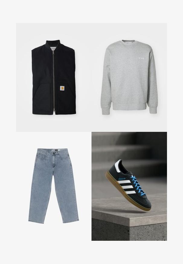 Gilet sans manches noir en tissu durable, avec une fermeture éclair à l'avant, deux poches et un patch logo sur la poche inférieure droite.; Sweatshirt en coton gris avec un col rond, des manches longues, des poignets côtelés et un petit logo blanc sur la poitrine gauche. Texture douce.; Jean large en denim bleu clair avec fermeture à bouton, cinq poches et jambes droites. Texture douce, décoloration minimale et couture soignée.; Baskets Adidas noires avec des rayures blanches, des lacets bleus et une semelle en gomme flottant au-dessus d'une marche en béton grise sous une lumière douce.