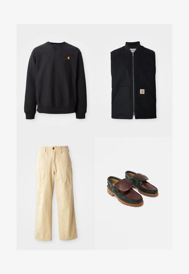 Gilet sans manches noir en tissu durable, avec une fermeture éclair à l'avant, deux poches et un patch logo sur la poche inférieure droite.; Sweatshirt noir avec un col rond, des manches longues et des poignets côtelés. Présente un logo jaune et rouge sur la poitrine gauche. Matière en coton doux.; Pantalons larges beige en coton. Présentent une taille haute, deux poches avant au design plat et une fermeture par un seul bouton.; Chaussures en cuir avec un corps vert foncé, un dessus bordeaux, un bout rond, un rabat sécurisé et une semelle en caoutchouc texturée avec des rainures.