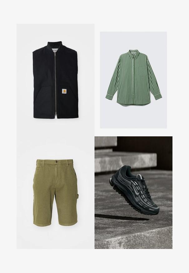 Schwarze ärmellose Weste aus strapazierfähigem Material, mit einem Reißverschluss vorne, zwei Taschen und einem Logopatch an der unteren rechten Tasche.; Herren-Hemd mit langen Ärmeln, Knopfleiste, vertikalen grünen, weißen und braunen Streifen, einer Brusttasche und einem Button-Down-Kragen.; Olivgrüne Baumwoll-Cargo-Shorts mit Knopfverschluss, Gürtelschlaufen, seitlichen Taschen und einer leicht strukturierten Stoffoberfläche.; Schwarzer und grauer Nike Air Max Sneaker, der über graue Betonstufen mit strukturiertem Bodenhintergrund schwebt.