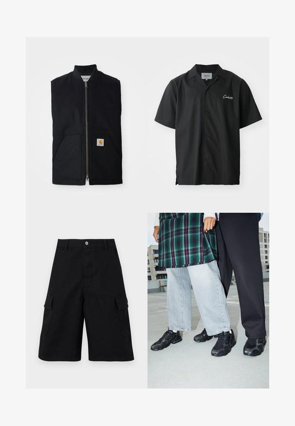 Gilet sans manches noir en tissu durable, avec une fermeture éclair à l'avant, deux poches et un patch logo sur la poche inférieure droite.; Chemise noire à manches courtes avec boutons, dotée d'un col de type camp, comportant un logo brodé blanc sur la poitrine et une coupe décontractée.; Shorts cargo noirs en tissu durable. Comprend deux poches latérales, une fermeture éclair et une taille simple avec un bouton en métal.; Baskets de sport noires avec des accents en mesh et en caoutchouc. Portées avec un jean large gris clair et un haut à carreaux vert. Fond à surface plane.