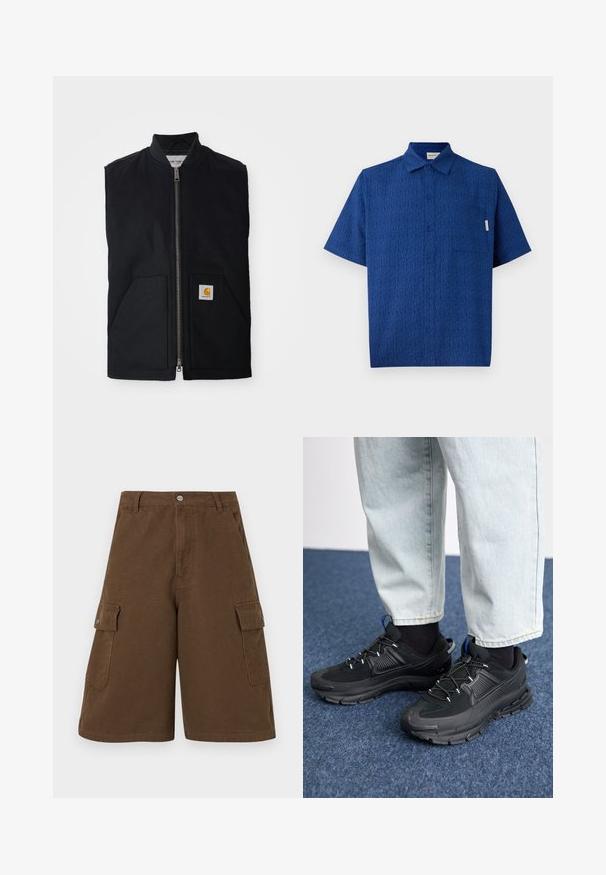 Gilet sans manches noir en tissu durable, avec une fermeture éclair à l'avant, deux poches et un patch logo sur la poche inférieure droite.; Chemise bleu à manches courtes en tissu texturé avec un motif subtil, un devant à boutonnière et une poche poitrine unique.; Shorts en coton marron de coupe droite, avec deux poches latérales et une fermeture à bouton à l'avant. Fabriqués à partir d'un tissu en coton durable avec une finition mate.; Des chaussures de sport noires avec un tissu texturé et des semelles en caoutchouc, dotées de lacets élastiques et d'un accent bleu au talon. Portées avec un pantalon en denim clair.