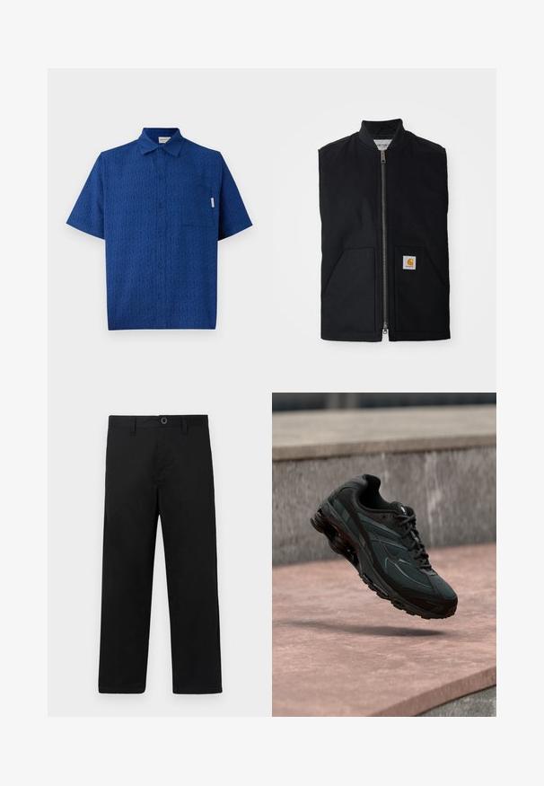 Schwarze ärmellose Weste aus strapazierfähigem Material, mit einem Reißverschluss vorne, zwei Taschen und einem Logopatch an der unteren rechten Tasche.; Kurzarmliges blaues Hemd aus strukturiertem Stoff mit einem subtilen Muster, Knopfleiste vorne und einer einzigen Brusttasche.; Schwarze Baumwollhosen mit geradem Schnitt, ausgestattet mit einem regulären Bund, Gürtelschlaufen und einem einzelnen Knopfverschluss. Glatte Textur, ohne Muster.; Schwarzer athletischer Sneaker mit sichtbarer Air-Cushioning-Zwischensohle, der über einer rosa Steinoberfläche mit grauer Steinmauer im Hintergrund schwebt.