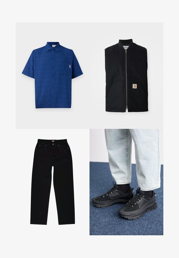 Zwarte mouwloze vest gemaakt van duurzaam materiaal, met een ritssluiting aan de voorkant, twee zakken en een logo-opdruk op de rechter onderzak.; Korte mouwen blauwe shirt van een gestructureerde stof met een subtiel patroon, een knoopsluiting aan de voorkant en een enkele borstzak.; Zwarte denim jeans met een rechte pasvorm, voorzien van vijf zakken, bruine stiksels en een ritssluiting. Laatste textuur en duurzaam materiaal.; Zwarte sportschoenen met gestructureerde stof en rubberen zolen, met elastische veters en een blauwe accent op de hiel. Draag samen met lichte spijkerbroeken.