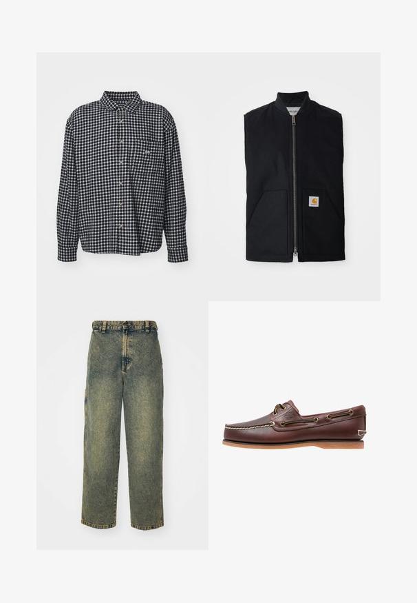 Čierna bezrukávová vesta vyrobená z odolného materiálu, s predným zipsom, dvoma vreckami a logom na pravom dolnom vrecku.; Obey Clothing BIGWIG BARRY - Košeľa - black; Voľné denimové nohavice v bledom modrom a zelenom umývaní. Obsahujú zapínanie na gombík, pútka na opasok a bočné vrecká. Rovný strih a priame nohavice.; Hnedá kožená lodná topánka s bielym prešívaním, detailmi na šnúrky a svetlohnedou gumovou podrážkou, zobrazená z boku na bielom pozadí.