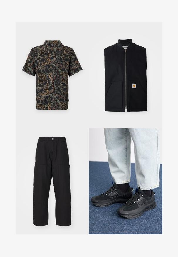 Gilet sans manches noir en tissu durable, avec une fermeture éclair à l'avant, deux poches et un patch logo sur la poche inférieure droite.; Chemise à manches courtes en tissu noir avec des motifs paisley colorés en rouge, vert et jaune. Col régulier avec fermeture à boutons à l'avant.; Pantalons cargo noirs à coupe droite, dotés de plusieurs poches et d'une fermeture à bouton. Fabriqués en tissu en coton durable avec des coutures visibles.; Des chaussures de sport noires avec un tissu texturé et des semelles en caoutchouc, dotées de lacets élastiques et d'un accent bleu au talon. Portées avec un pantalon en denim clair.