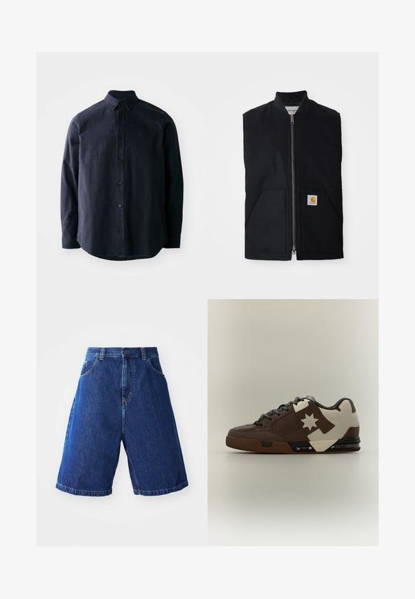 Gilet sans manches noir en tissu durable, avec une fermeture éclair à l'avant, deux poches et un patch logo sur la poche inférieure droite.; Chemise boutonnée bleu marine foncé avec col pointu, manches longues et ourlet droit. Présente un logo subtil sur la poitrine et un tissu texturé.; Shorts en denim avec un lavage bleu, dotés d'une taille haute, de deux poches avant et de coutures jaunes le long des bords.; Baskets basses marron et crème avec un motif en forme d’étoile sur le côté et une semelle en caoutchouc noir et naturelle.