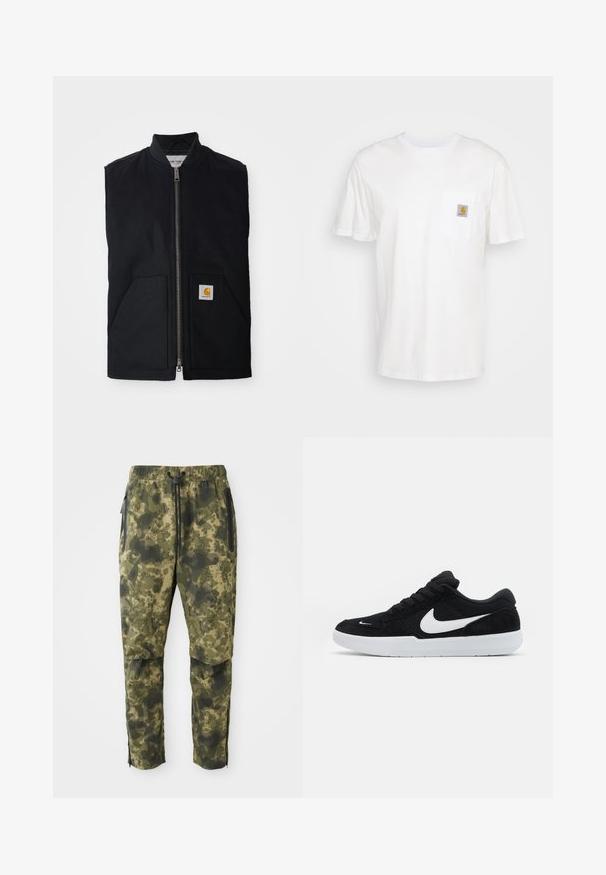 Schwarze ärmellose Weste aus strapazierfähigem Material, mit einem Reißverschluss vorne, zwei Taschen und einem Logopatch an der unteren rechten Tasche.; Weißes Baumwoll-T-Shirt mit kurzen Ärmeln, einer Brusttasche und einem kleinen quadratischen Logopatch in Orange und Weiß auf der Tasche.; Tarnhosen in verschiedenen Grüntönen mit einem digitalen Muster. Sie verfügen über einen elastischen Bund, einen Kordelzug und seitliche, mit Reißverschluss ausgestattete Taschen.; Schwarze Wildledersneaker mit weißen Akzenten, runder Zehenform, dicker weißer Sohle und schwarzen Schnürsenkeln. Auffälliges weißes Nike-Logo an der Seite.
