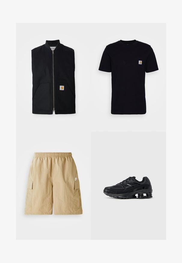 Chaleco negro sin mangas hecho de tela duradera, con cremallera frontal, dos bolsillos y un parche de logo en el bolsillo inferior derecho.; Camiseta de algodón negra con mangas cortas, cuello redondo y un bolsillo en el pecho que presenta un pequeño parche de logo cuadrado. Diseño simple y sólido.; Pantalones cortos de cargo beige con cintura elástica, bolsillos delanteros y un pequeño logo de Nike en blanco. Tejido ligero con una textura arrugada.; Zapatilla deportiva negra con parte superior de malla, cuello acolchado y tecnología de amortiguación prominente en el talón. Presenta detalles texturizados y cordones.