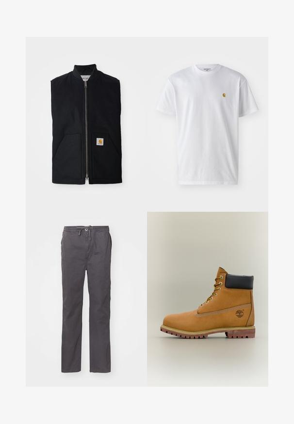 Gilet sans manches noir en tissu durable, avec une fermeture éclair à l'avant, deux poches et un patch logo sur la poche inférieure droite.; T-shirt en coton blanc à manches courtes, col rond, avec un petit logo doré sur la poitrine gauche. Texture douce et coupe régulière.; Pantalons gris légers avec une coupe décontractée, taille élastique avec cordon de serrage, poches latérales et une texture lisse et douce.; Bottine en cuir marron avec col noir, lacets jaunes et semelle beige. Présente un logo et des détails de couture blanche. Semelle extérieure à traction robuste.